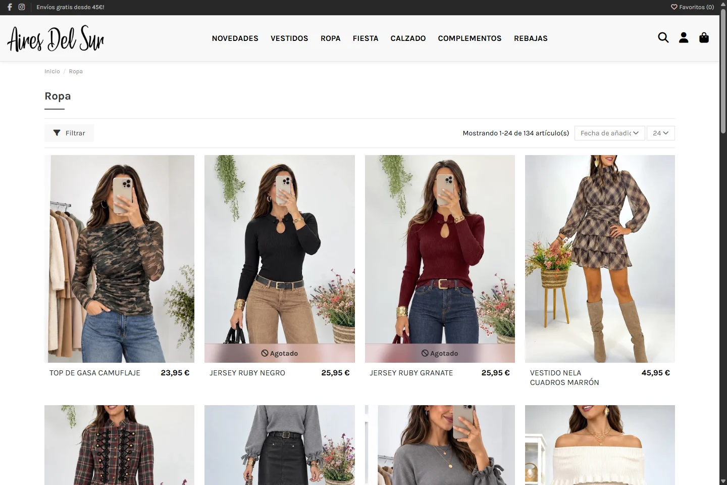 Catálogo de prendas en la tienda online de Aires del Sur